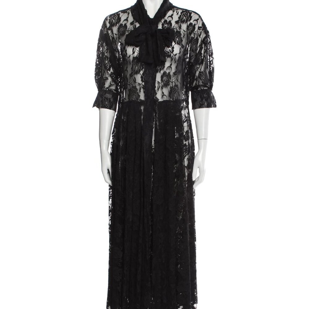 Norma Kamali — Sheer Floral Lace Bow-Tie Midi Dress — Size S